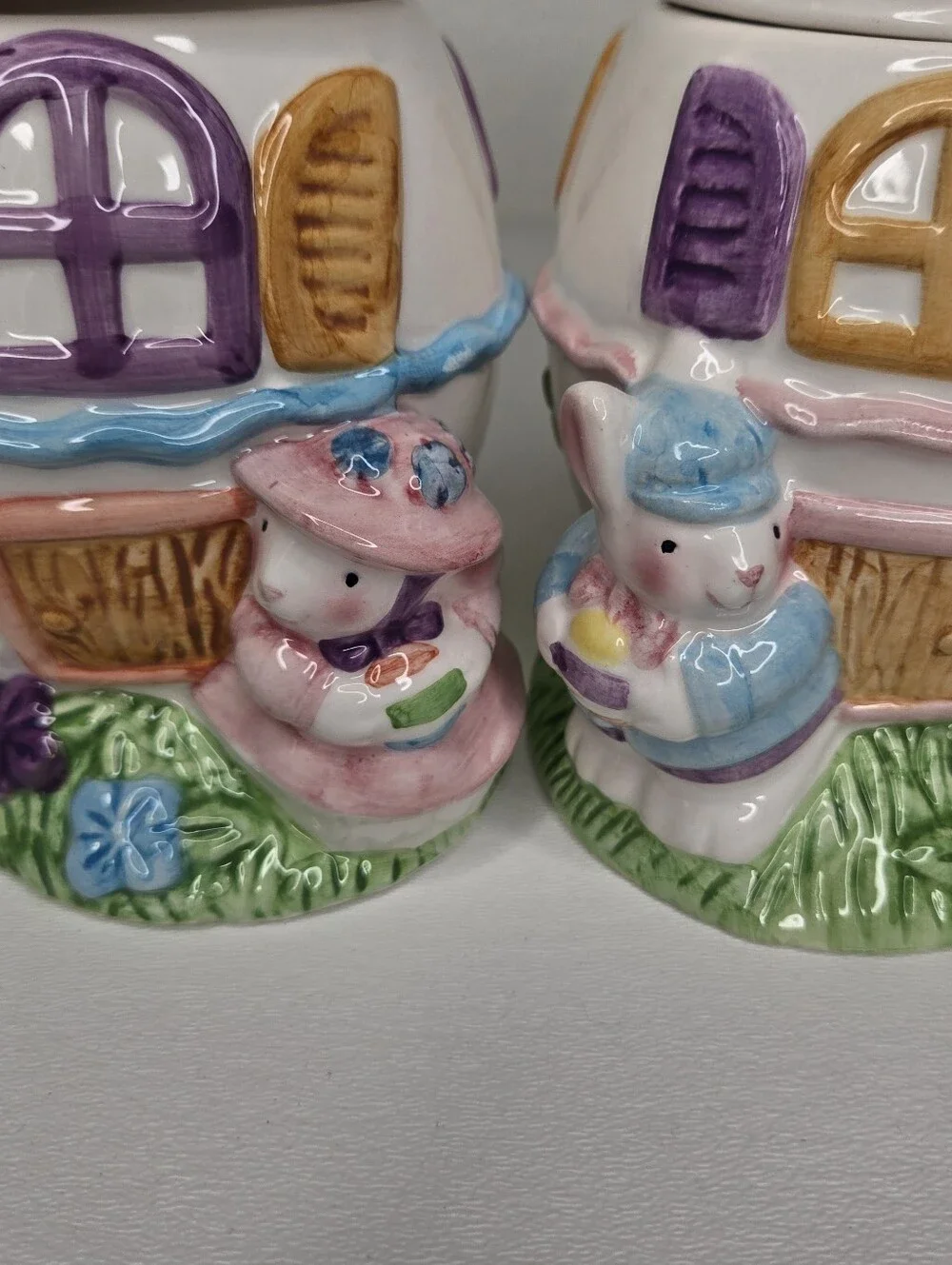 Ceramic Cottage Egg Bunny Girl and Boy Set‎ Easter Candy Jars VTG Whimsical